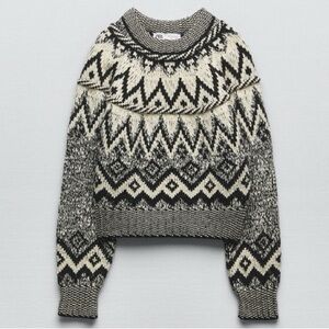 ZARA‎ Black Ecru Cropped Nordic Pattern Jacquard Knit Sweater size Medium